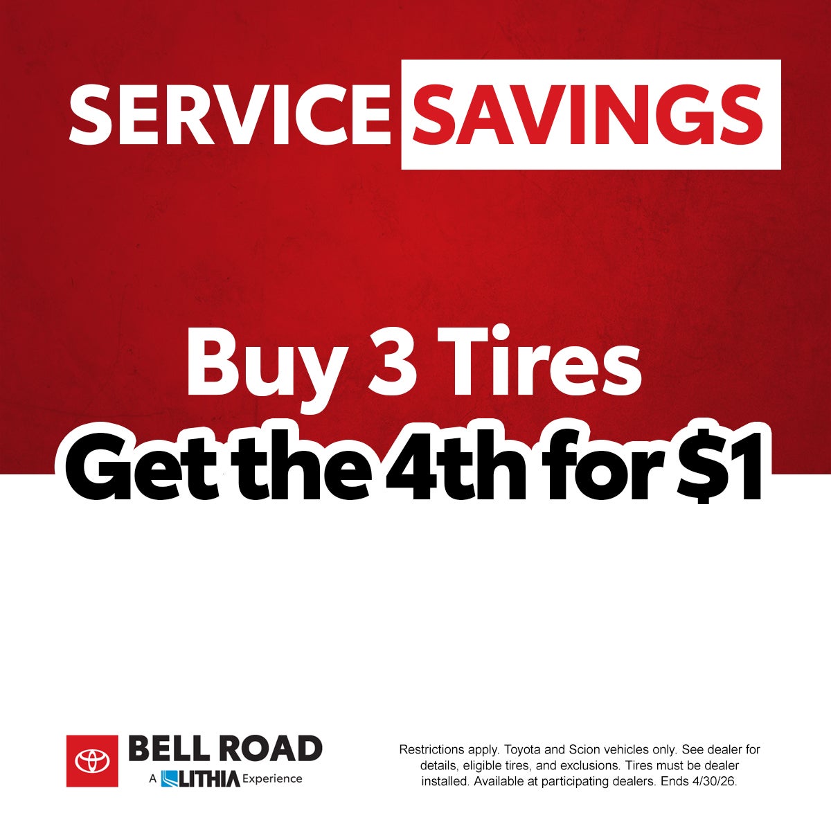 Compra 3 neumáticos y llévate el cuarto por 1 $